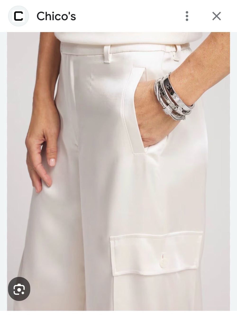Chico's Wide-Leg satin Cargo 12R NWT pants glamorous luxury minimalist Cream